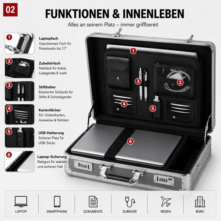 ALUMAXX 45140 Laptop-Attachékoffer C-1, Aktenkoffer aus Aluminium, Geschäftskoffer Carbon-Look, Alu-