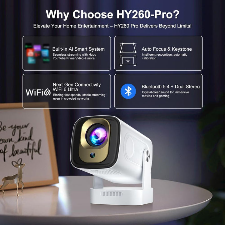 Beamer 4K HY260pro,Mini Beamer heimkino mit WiFi 6 Bluetooth 5.4,1080P Full HD mit Android TV,180° R