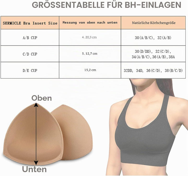 SERMICLE BH Pad Einlagen 4 Paar, BH Pads genäht gepolstert für Sport BH A/B oder C/D, D/E Cup Beige