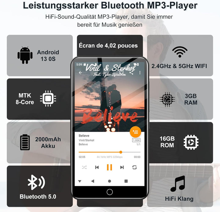 MP3 Player Spotify with Bluetooth, WLAN und 4.02 Inch Touchscreen Black, Black