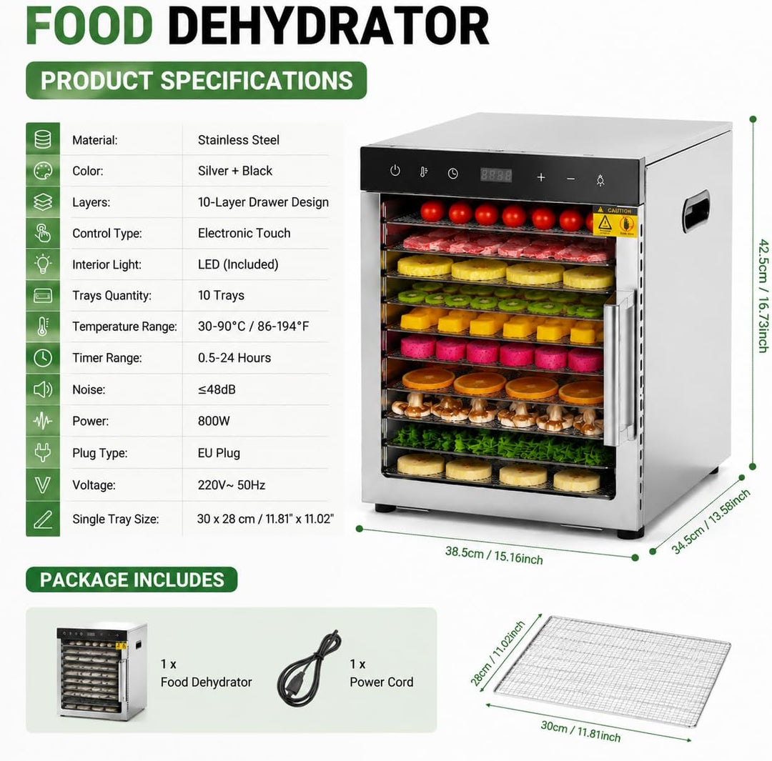 800 Watt Dörrautomat, Food Dehydrator mit 10 Edelstahlschalen LED Touch Control Design, Einstellbare