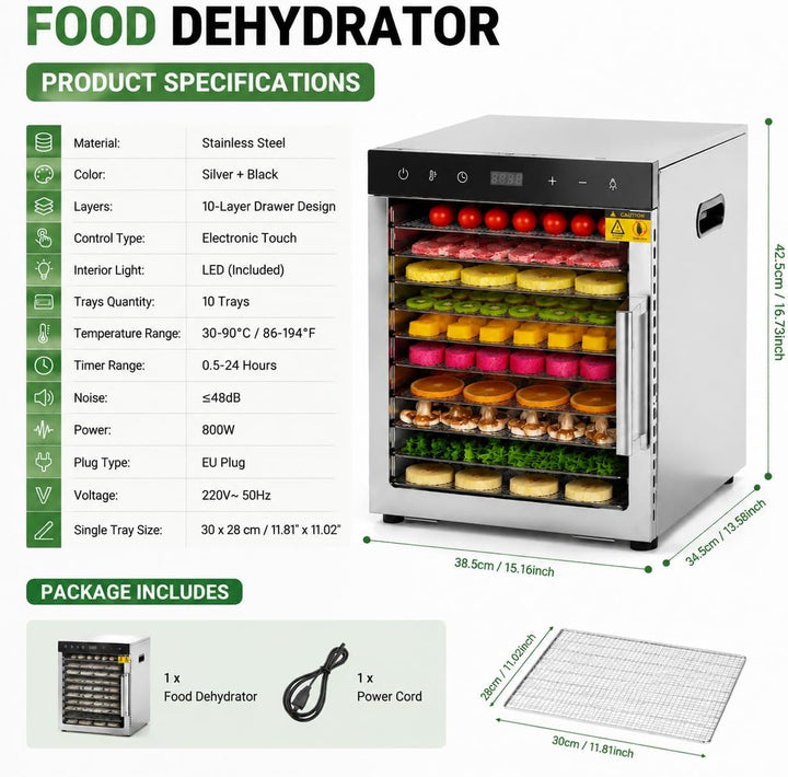 800 Watt Dörrautomat, Food Dehydrator mit 10 Edelstahlschalen LED Touch Control Design, Einstellbare