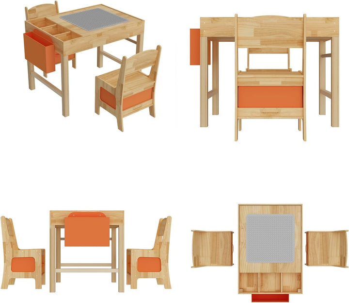 Kindertisch mit 2 Stühlen – Bausteine-Tisch aus Naturholz, Spieltisch mit Schublade & Stofftasche, H