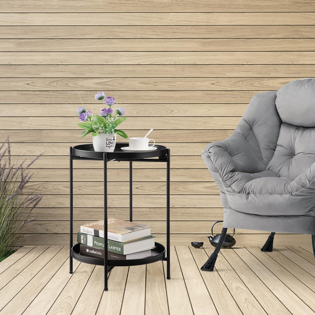 HollyHOME Runder Beistelltisch, 2 Ebenen Beistelltisch Metalltablett, Snacktisch, Couchtisch, Teetis