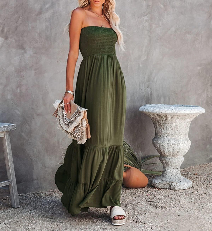 R.Vivimos Sommer Boho Trägerloses Bandeau Shirred Blumen Rüschen Tube A Linie Midikleid S Armeegrün