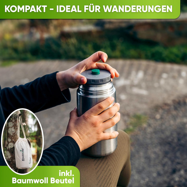 Blockhütte Edelstahl Thermobehälter für Essen I 1L I mit Spork, Bürste, Thermo Lunchbox für Kinder,