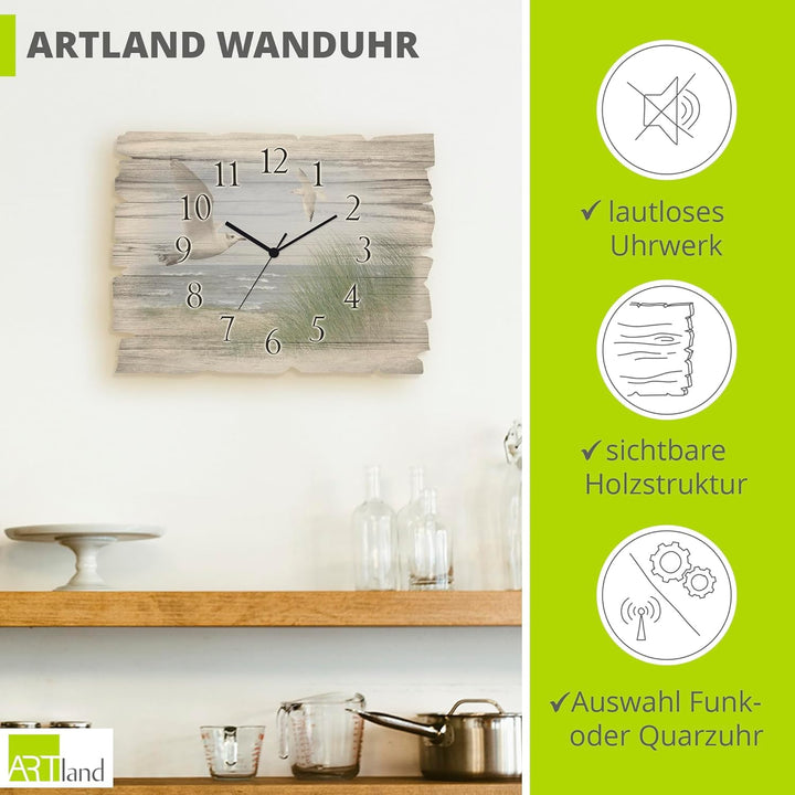 ARTLAND Wanduhr ohne Tickgeräusche aus Holz Quarzuhr 40x30 cm Rechteckig Lautlos Strand Meer Nordsee