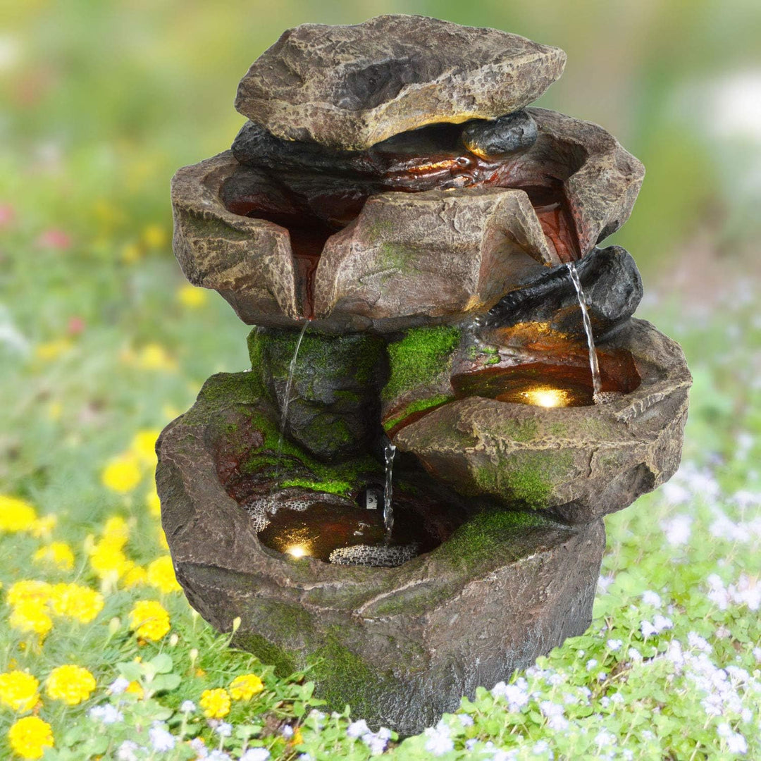 AMUR Gartenbrunnen Brunnen Zierbrunnen Zimmerbrunnen Brunnen mit LED-Licht 230V Wasserfall Wasserspi