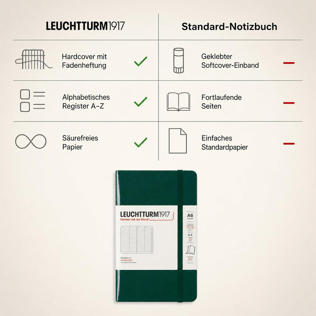 LEUCHTTURM1917 370362 Adressbuch Pocket (A6), Hardcover, Forest Green Forest Green Pocket (A6), Fore