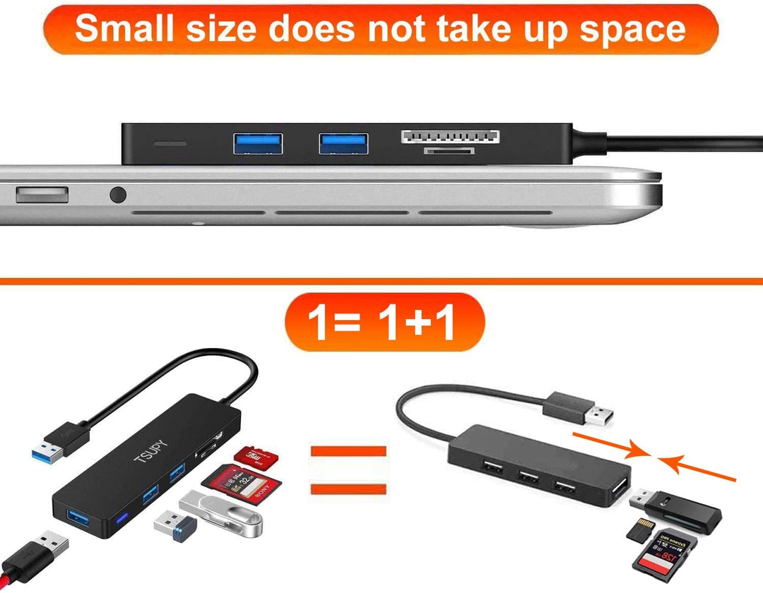 TSUPY USB-3.0-Hub, Multiport-Splitter, 5 USB-Ports mit Micro-SD-Kartenleser für PC, MacBook, Surface