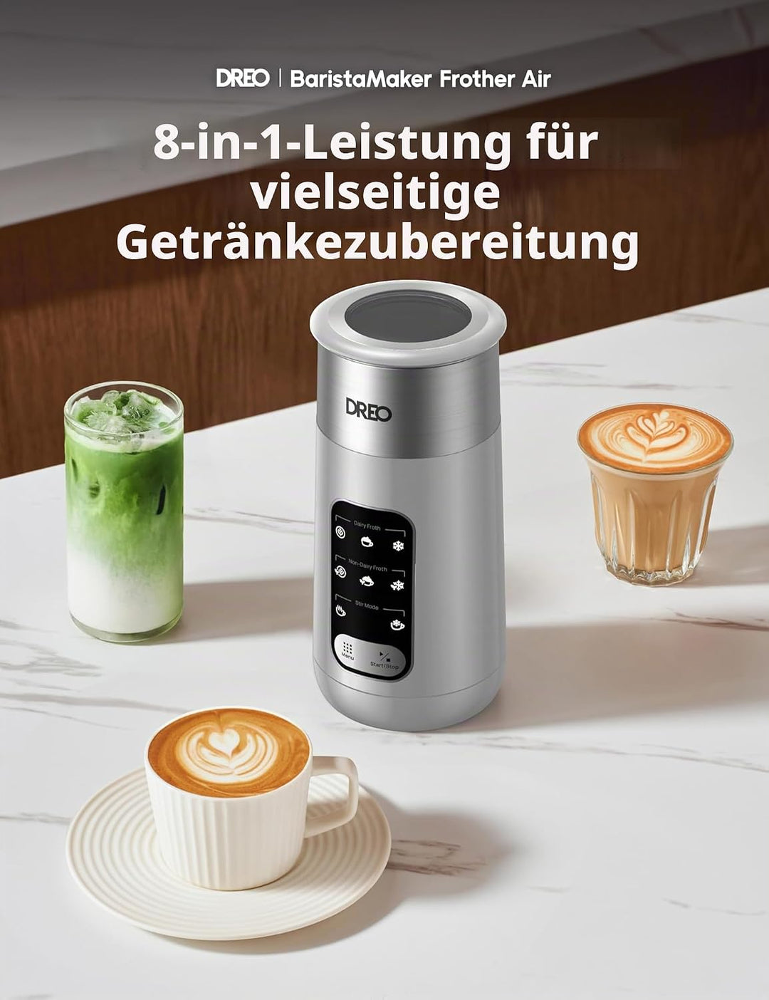 DREO Milchaufschäumer, 8-in-1 Milchschäumer Elektrisch für Latte, Cappuccino, heisse Schokolade mit