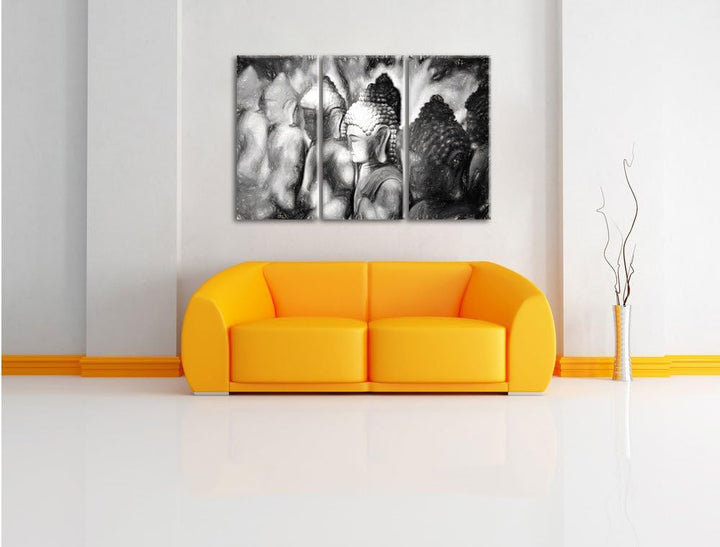 Pixxprint Buddha-Statuen in Einer Reihe / 3-Teilig/Gesamtmass 120cm Leinwandbild bespannt auf Holzra