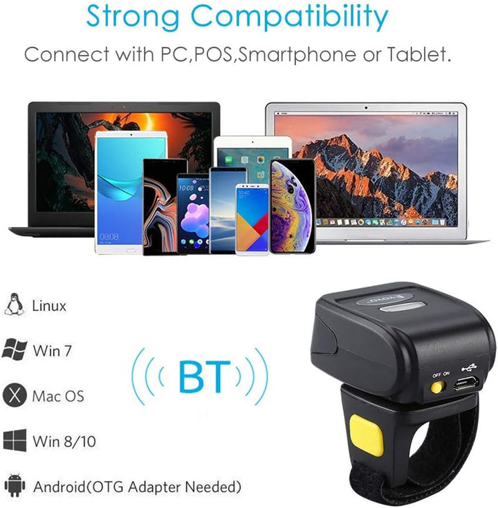 Eyoyo Ring 1D 2D QR-Barcode-Scanner, tragbarer drahtloser Finger-Mini-Barcode-Leser Kompatibel mit W