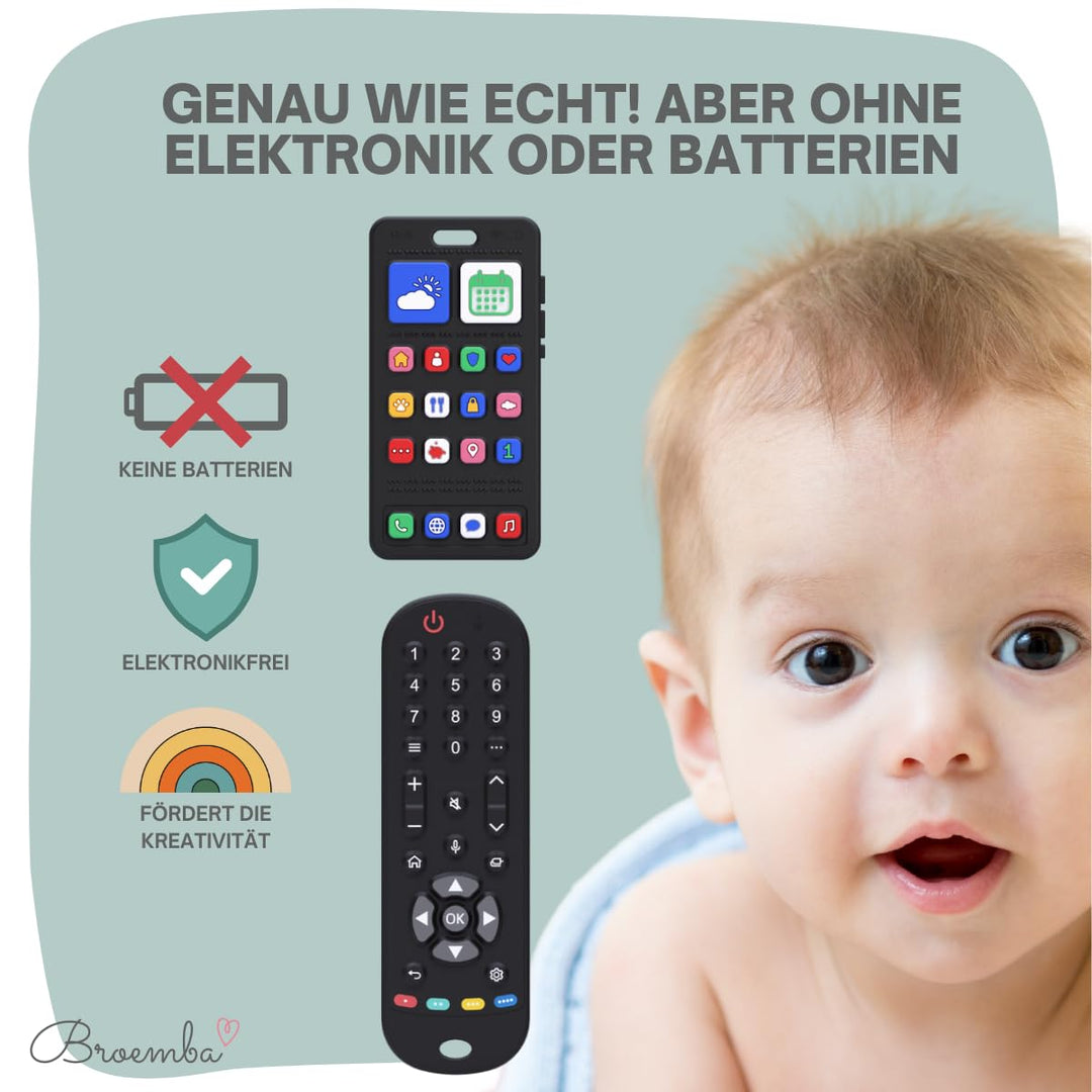 Baby Fernbedienung + Baby Telefon & Beissring - 100% Silikon Beissspielzeug, lebensechtes Spielzeug-