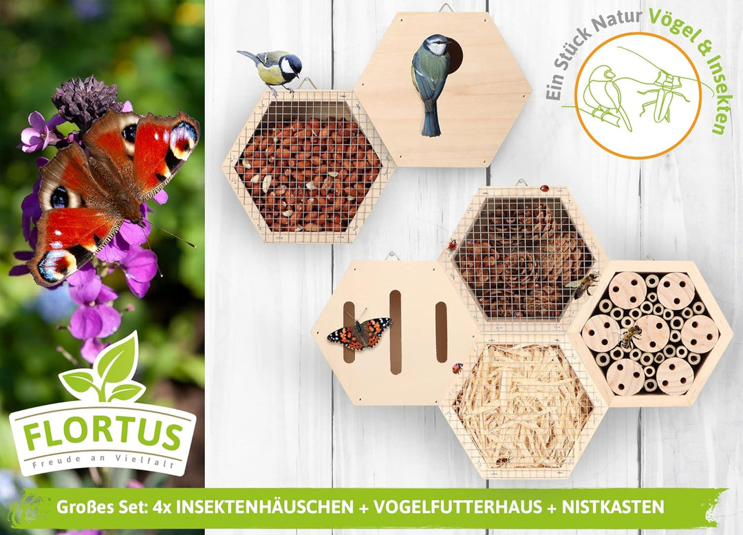 FLORTUS Set aus Insektenhotels, Vogelfutterhaus und Nistkasten im Set | Insektenhotels kombinierbar