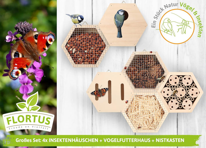 FLORTUS Set aus Insektenhotels, Vogelfutterhaus und Nistkasten im Set | Insektenhotels kombinierbar
