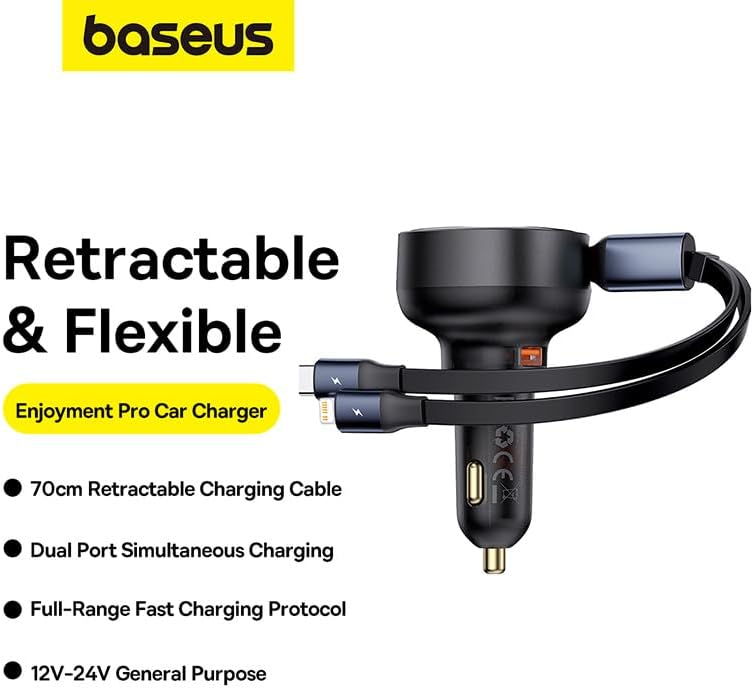 Car Charger Baseus Enjoyment USB with USB-C Cable and Lightning 60W (Black), C00057802111-02