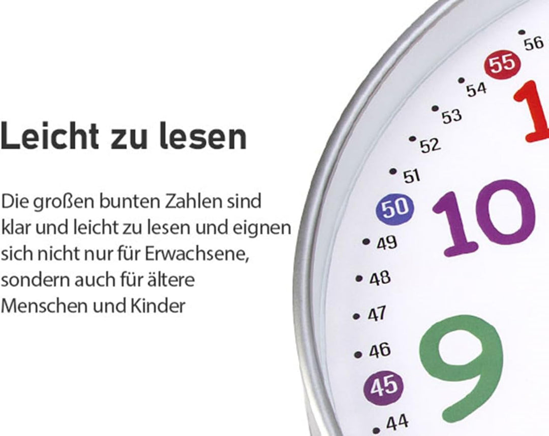 ACCSHINE Kinder Wanduhr ohne Tickgeräusche Lernuhr 30cm 3D Bunt Zahlen Modern Quartz Lautlos Wanduhr