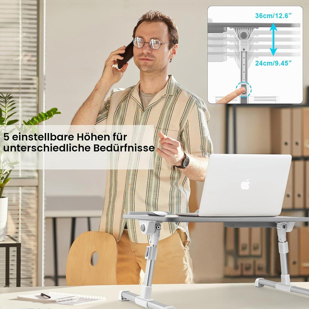 Laptoptisch fürs Bett, Höhenverstellbar, Winkelverstellbar, Betttisch Klappbar mit Schublade, Tablet