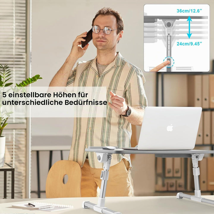 Laptoptisch fürs Bett, Höhenverstellbar, Winkelverstellbar, Betttisch Klappbar mit Schublade, Tablet