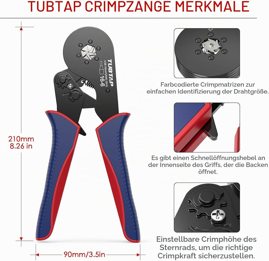 Sechskant Aderendhülsenzange 0.08-16mm² - TUBTAP® Crimpzangen Für AWG 28-5,Crimp Zange, Presszange，1