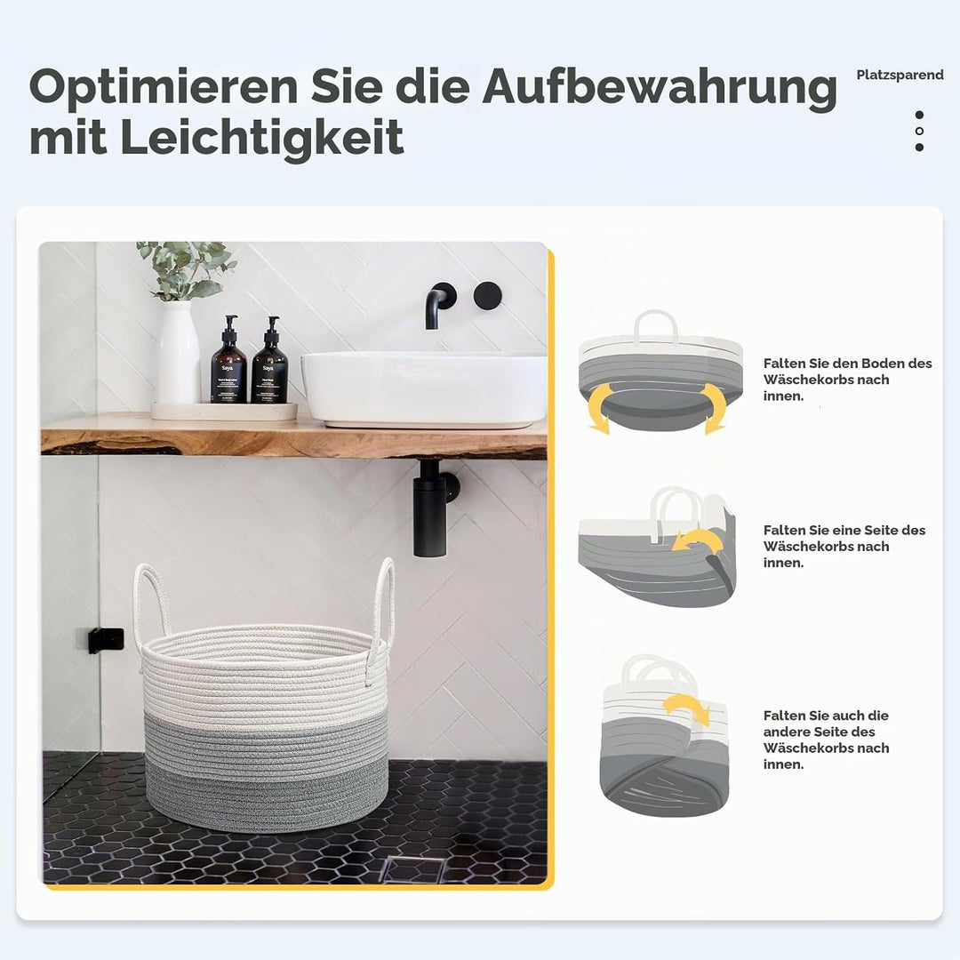Wäschekorb für Decken 32L Geflochten Wäschesammler Baumwolle Seil Korb Faltbare Vielseitiger Aufbewa