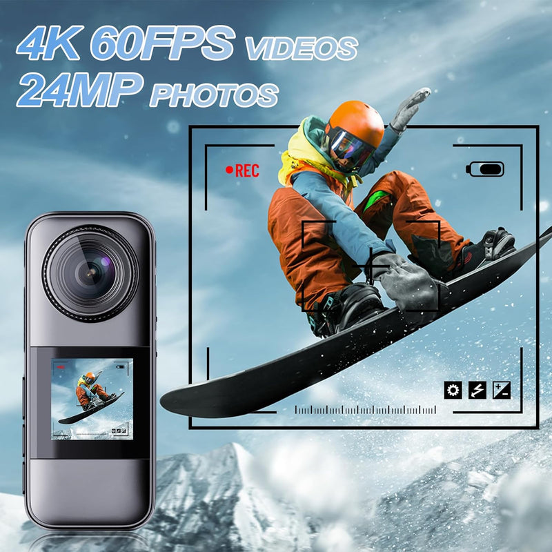 Xilecam Dual Screen Action Cam 4K 60FPS 2,2”-HD-Touchscreen, wasserdichte Kamera mit Antishake Helmk