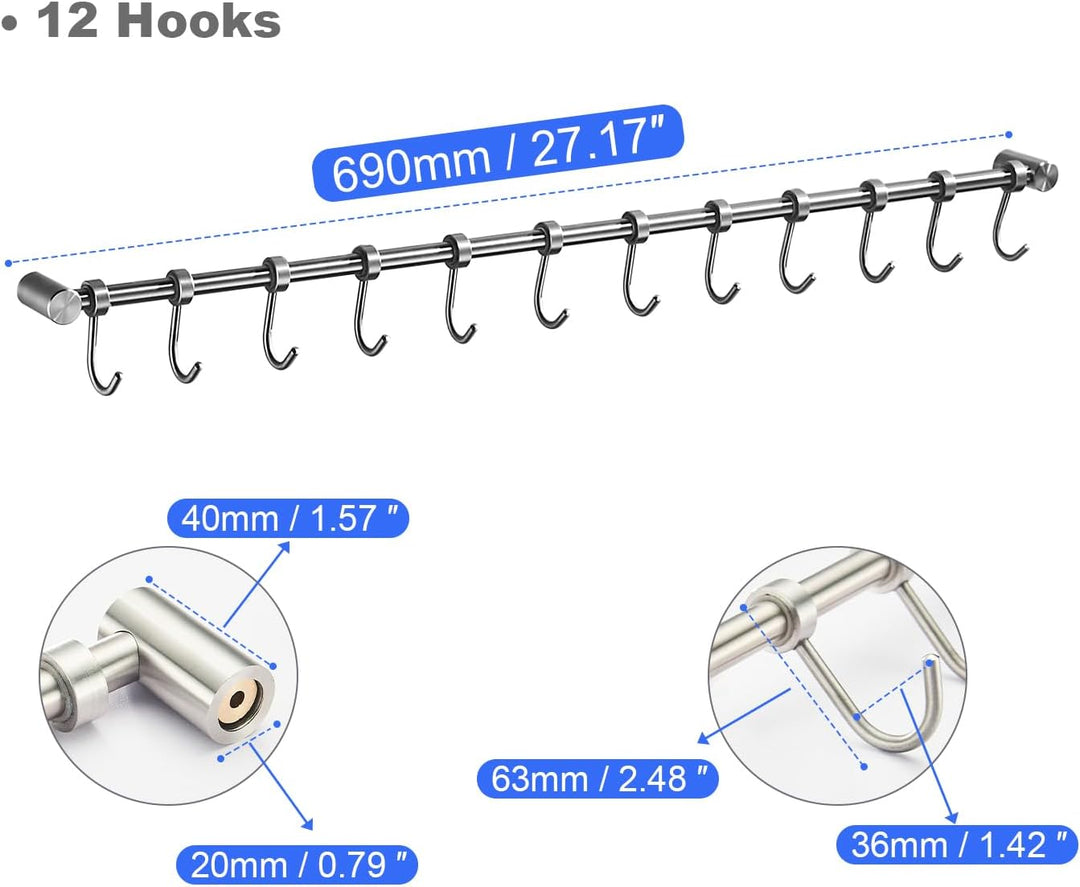 Geschirr hängende Rack mit 12 abnehmbaren Haken, Edelstahl Küche Schiene Pfanne Hanger Wandmontage O