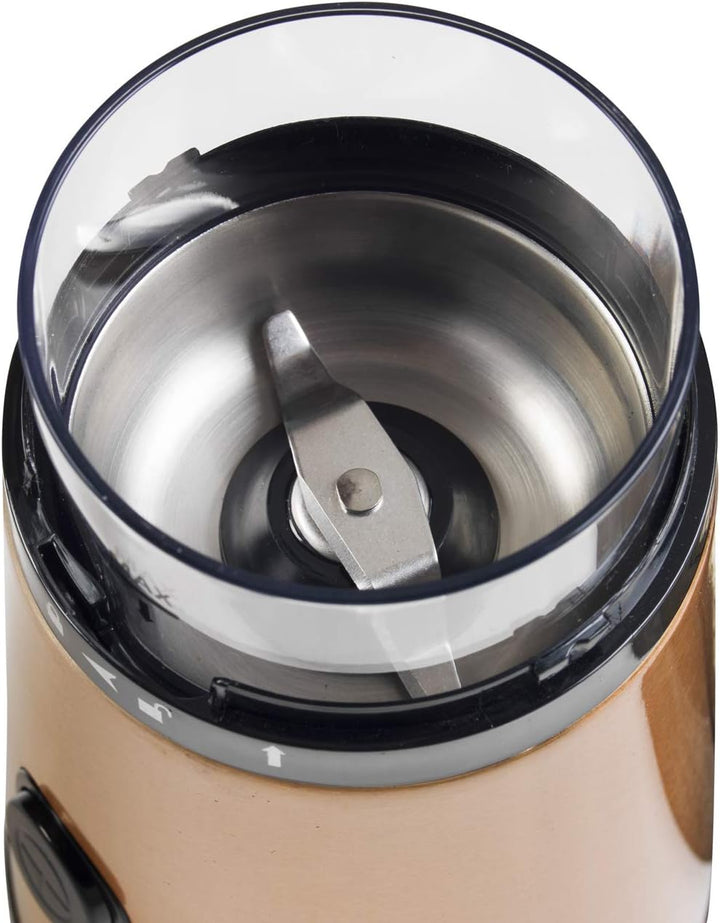 Bestron Elektrische Kaffeemühle mit Edelstahl-Schlagmesser, Füllmenge: 50g, 150 W, Edelstahl in Kupf