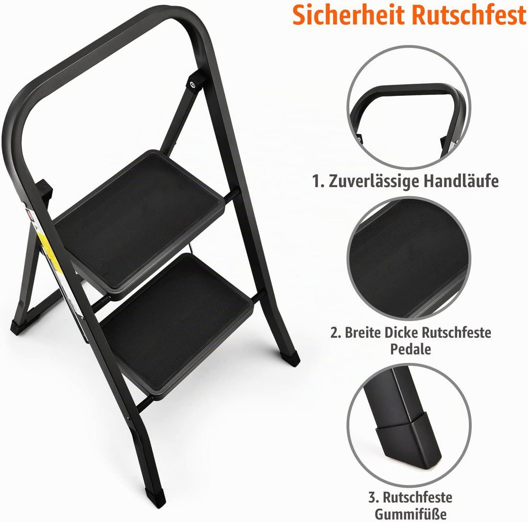 HBTower 2-Stufen-Leiter, Tritthocker mit Anti-Rutsch-Pedal, Tragbare Robuste Trittleiter mit Handläu