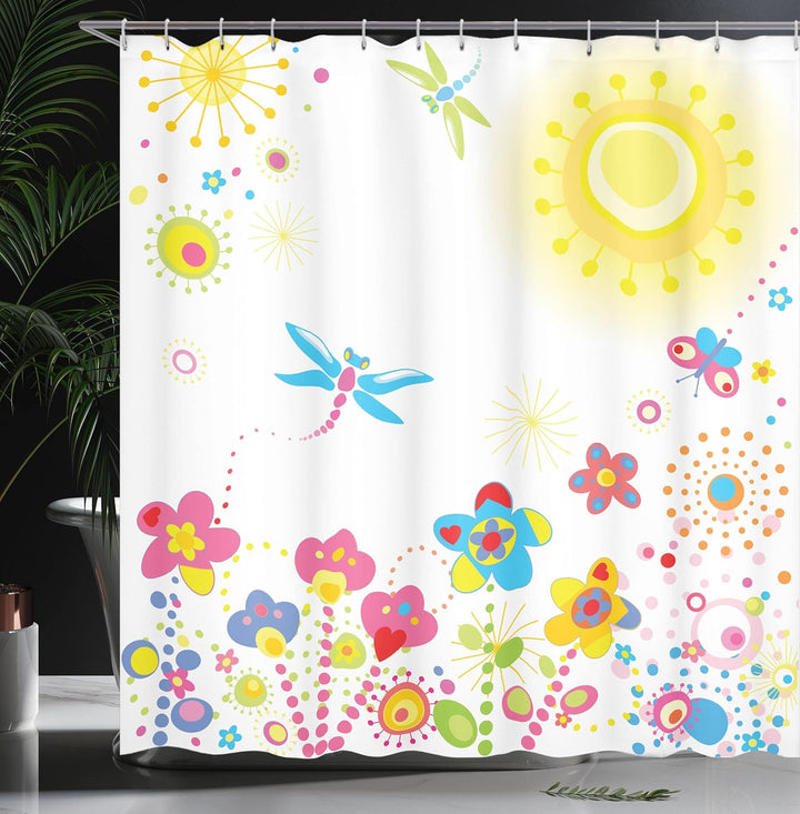 ABAKUHAUS Libelle Duschvorhang, Löwenzahn-Glück, Stoffliches Gewebe Badezimmerdekorationsset mit Hak