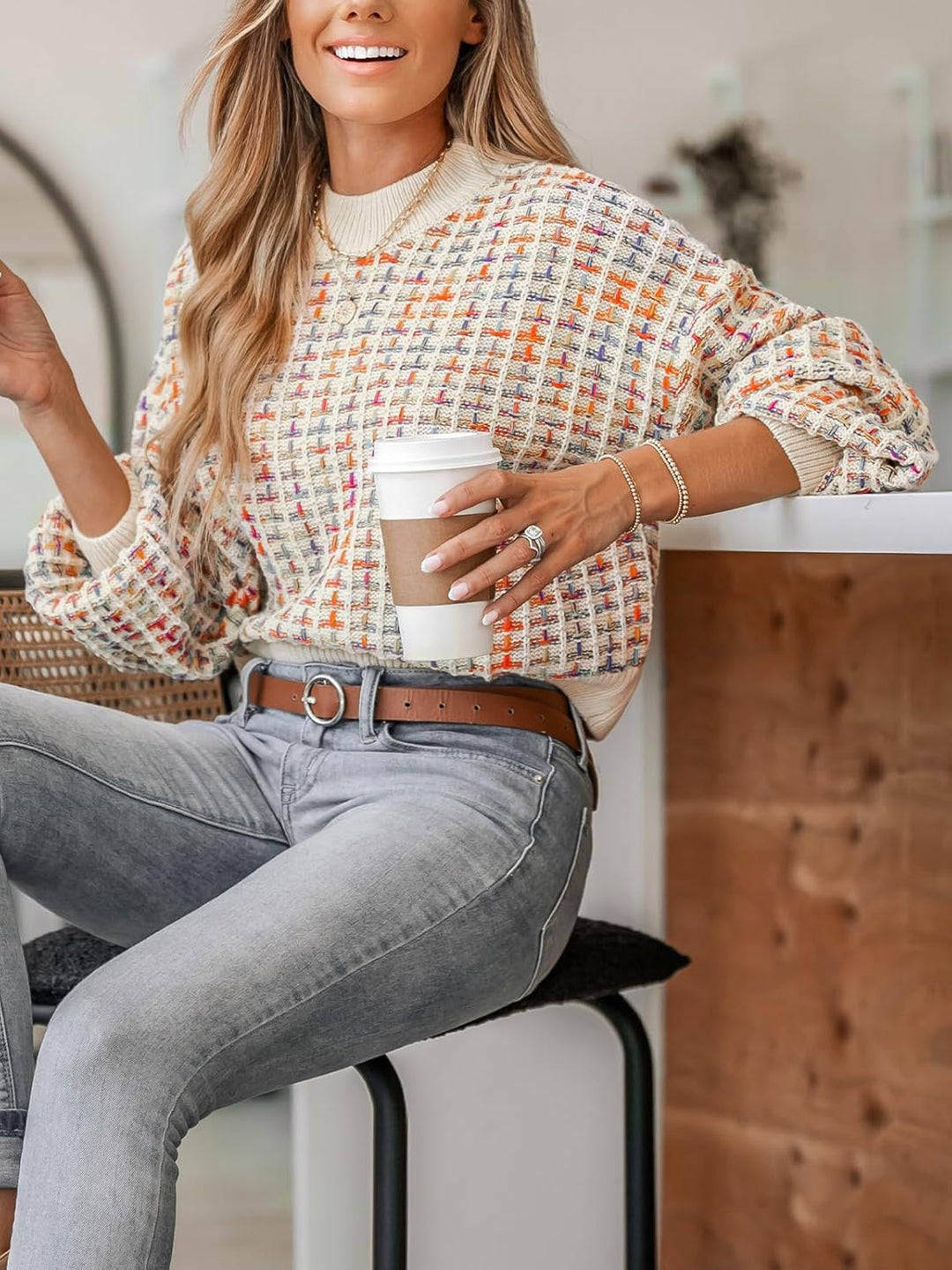 CUPSHE Damen Strickpullover Rundhals Puffärmel Melange Optik Grobstrick Pulli Oberteile Crop Tops Kn