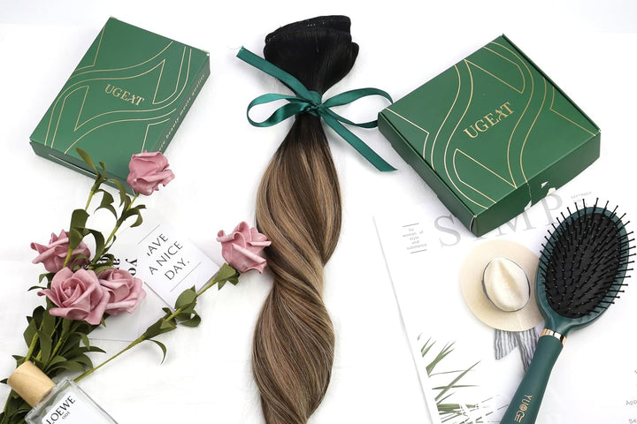 Ugeat Clip in Extensions Echtes Haar Haarverlängerungen 35cm 120g Clip in Schwarz bis Braun und Kara