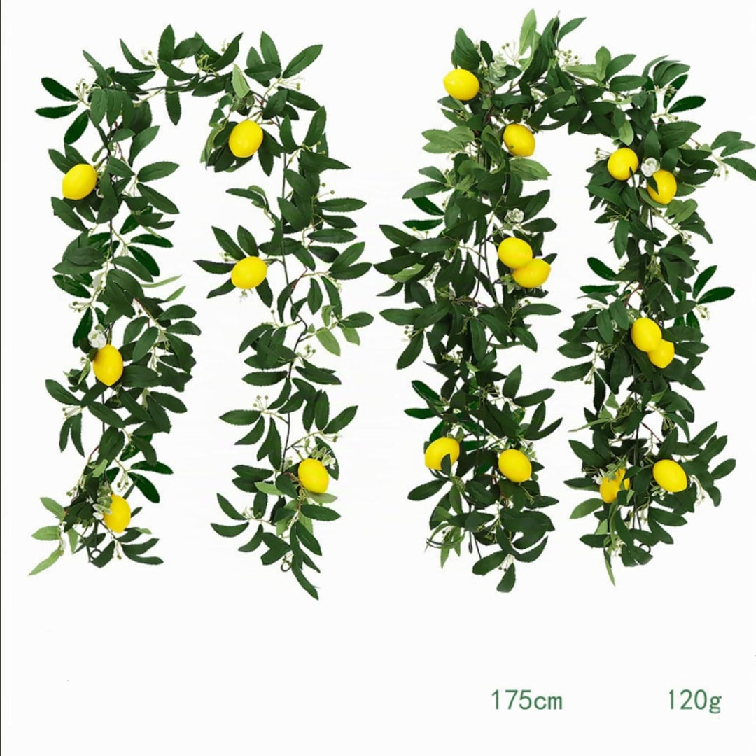 Künstliche Zitronen und Blaubeer-Girlande mit Grünen Blättern - Hängende Früchte-Beeren-Kranz für Ti