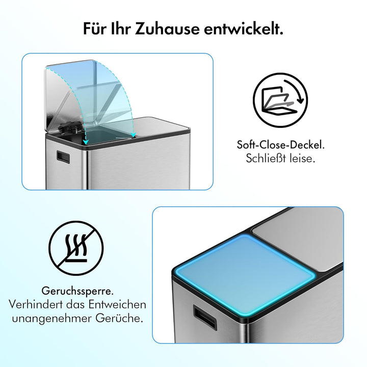 VonHaus Mülleimer Küche 2 Fächer, 60L Doppelmülleimer Recycling Mülltrennsystem – Abfalleimer Biomül