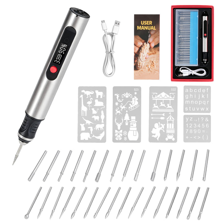 Multifunktionswerkzeug Akku Gravierstift Kabellos Gravur Werkzeug Kit mit 30 Bits, Gravierer 3-Gang-