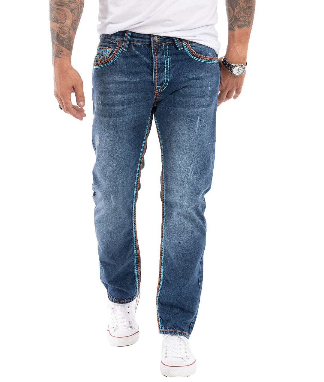 Rock Creek Herren Designer Jeans Hose Dicke Nähte Vintage Blau RC-2056 29W / 30L Dunkelblau - Rc-227