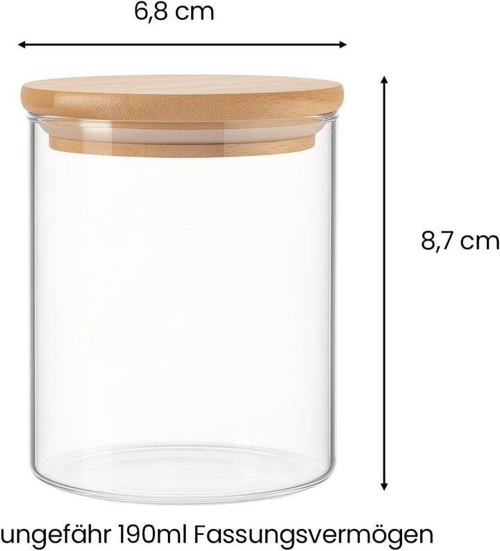 12x 190ml Vorratsgläser Bambusdeckel inkl. 24x wiederbeschriftbare Etiketten und Stift - Gewürzgläse