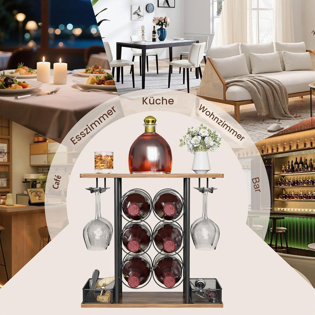 Weinregal für die Tischplatte, geeignet für 6 Weinflaschen und 4 Gläser, freistehendes Regal, zur Au