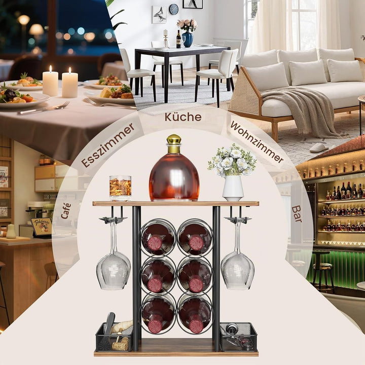 Weinregal für die Tischplatte, geeignet für 6 Weinflaschen und 4 Gläser, freistehendes Regal, zur Au