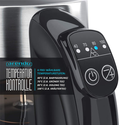 Arendo - Glas Wasserkocher mit Temperatureinstellung und Teesieb - Edelstahl Teekocher – Rauchglas m
