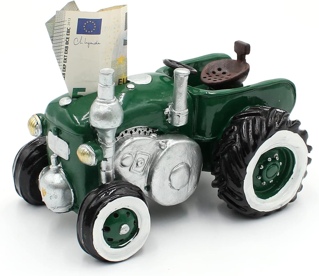 Dekohelden24 Spardose als Traktor aus Poly - Sparauto - Sparbüchse in grün mit Gummiverschluss, Grös