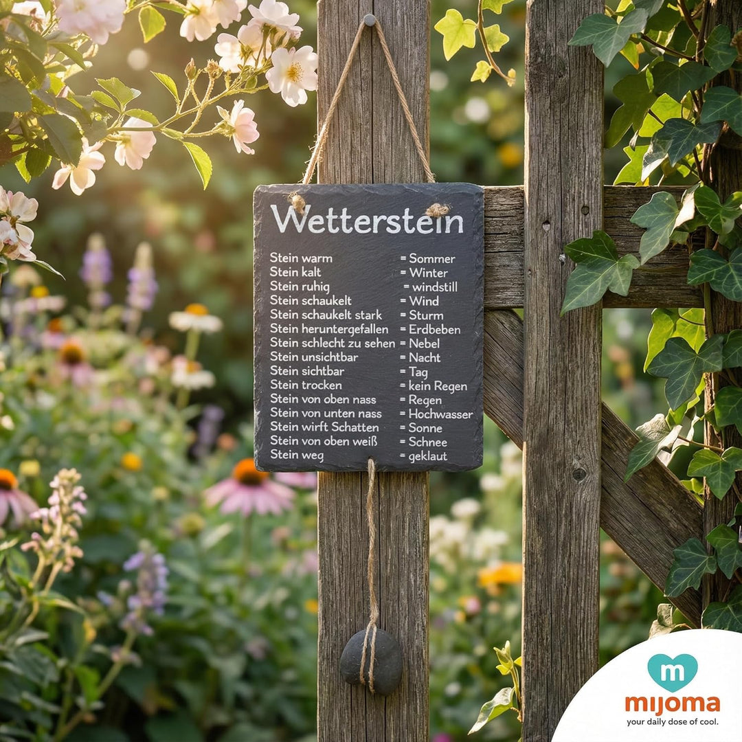 MIJOMA Wetterstein Schiefertafel – Wetterstation aus Schiefer mit Juteband – rustikale Deko für Gart