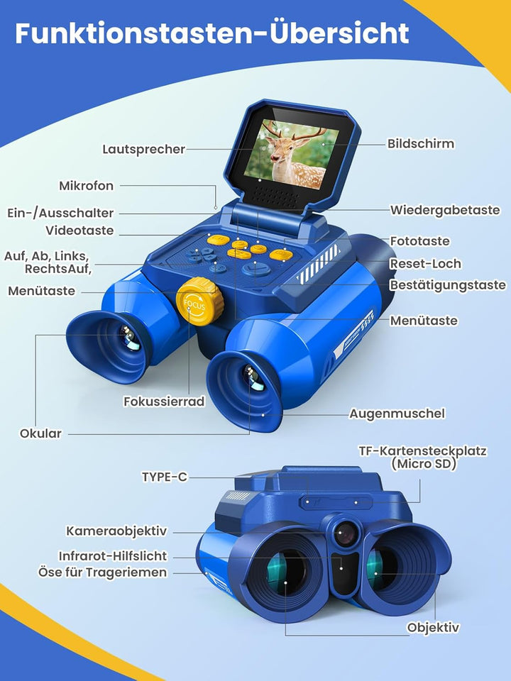 Acoath Fernglas für Kinder, 10-facher Optischer Zoom mit Nachtsich, Kamera mit Foto- & Videofunktion