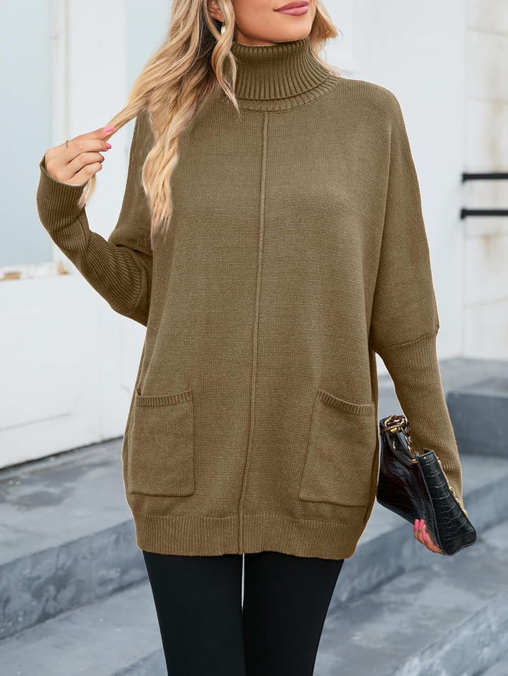Famulily Basic Dicke Warm Herbst Winter Fledermausärmel Strick Damen Rollkragenpullover Mit Taschen