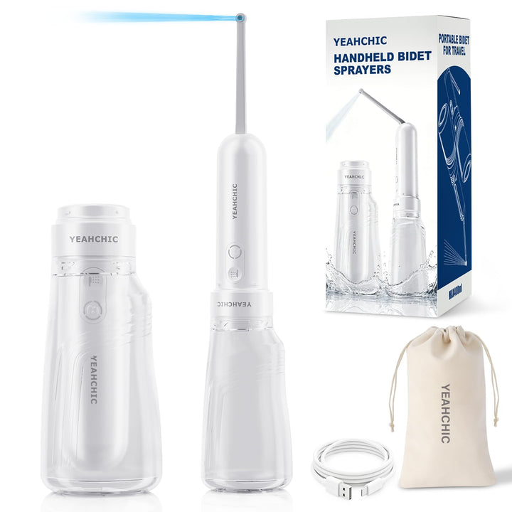 Tragbares Bidet für Reisen - USB-C Wiederaufladbar, 3 Modi, 400 ml, Wasserdichter Sprüher + 2 Düsen