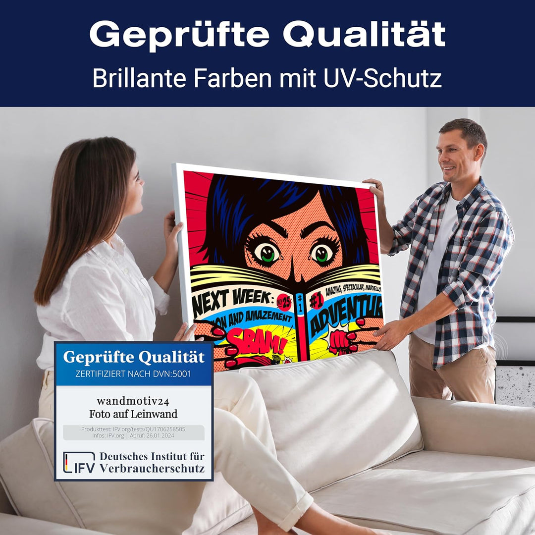 wandmotiv24 Leinwandbild Pop Art Stil, 80x60cm, Querformat, Frau, Comic, Deko, Bilder auf Leinwand,