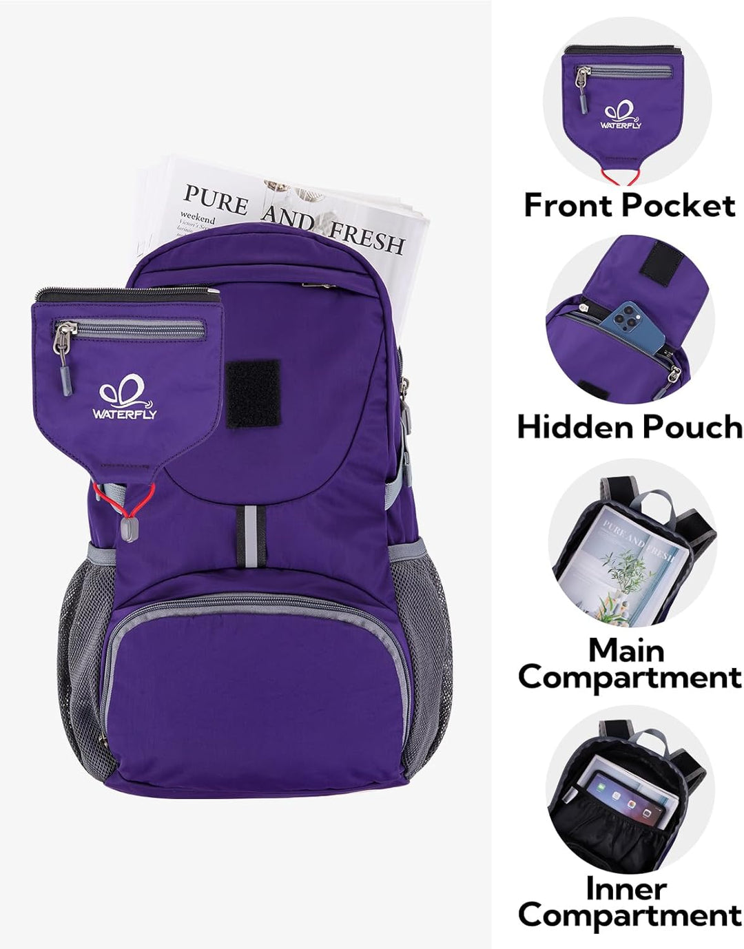 WATERFLY Ultraleicht Faltbar Klein Rucksack: 20L Leicht Packable Wanderrucksack Tagesrucksack Trekki