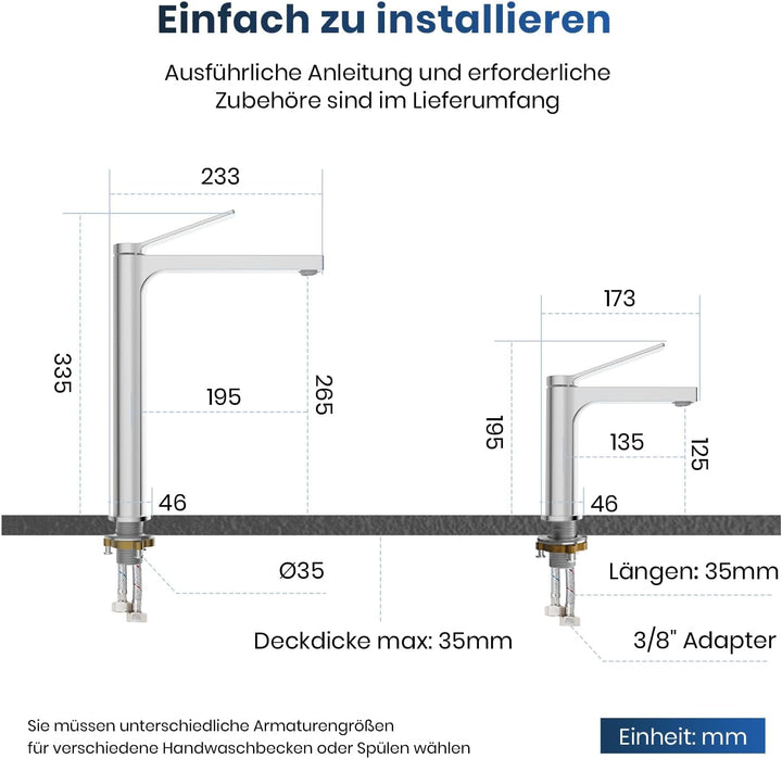EMKE Wasserhahn Bad Chrom, 335 x 233 x 46 mm, Messing, Keramikkartusche, Badarmatur, Mischbatterie W