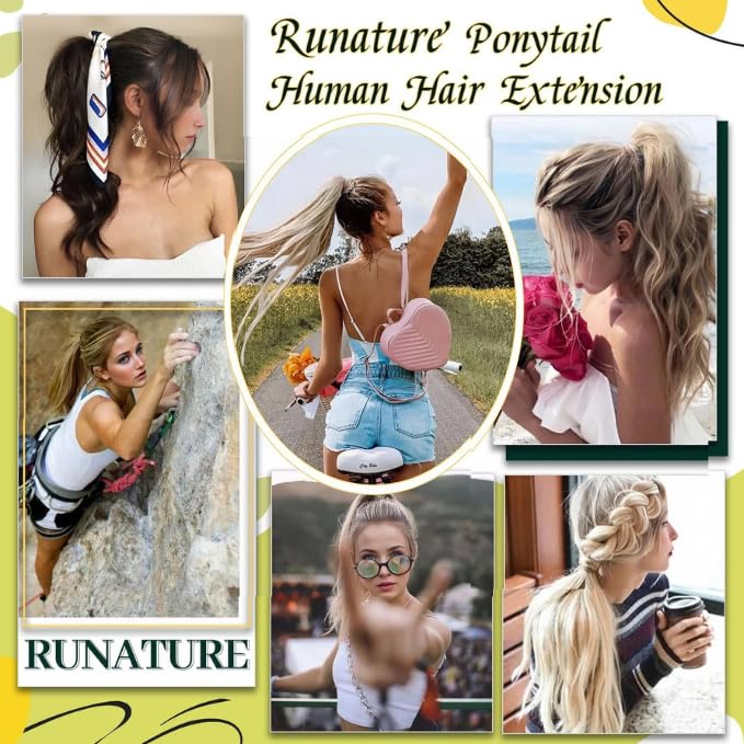 RUNATURE Zopf Extensions Echthaar Blond Highlights 35cm Ponytail Extensions Echthaar 70g Unsichtbare